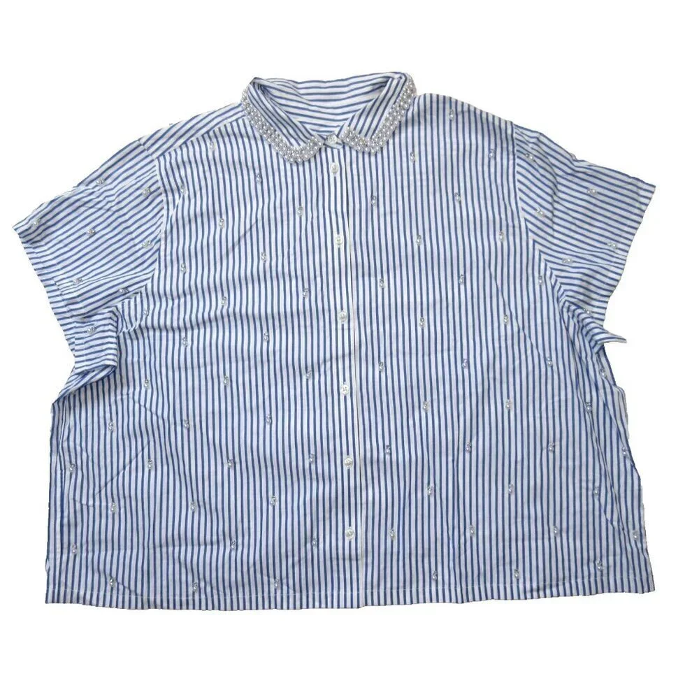 NWT J.Crew Collection Cropped Short-sleeve Shirt in Blue White Stripe Pearl 24